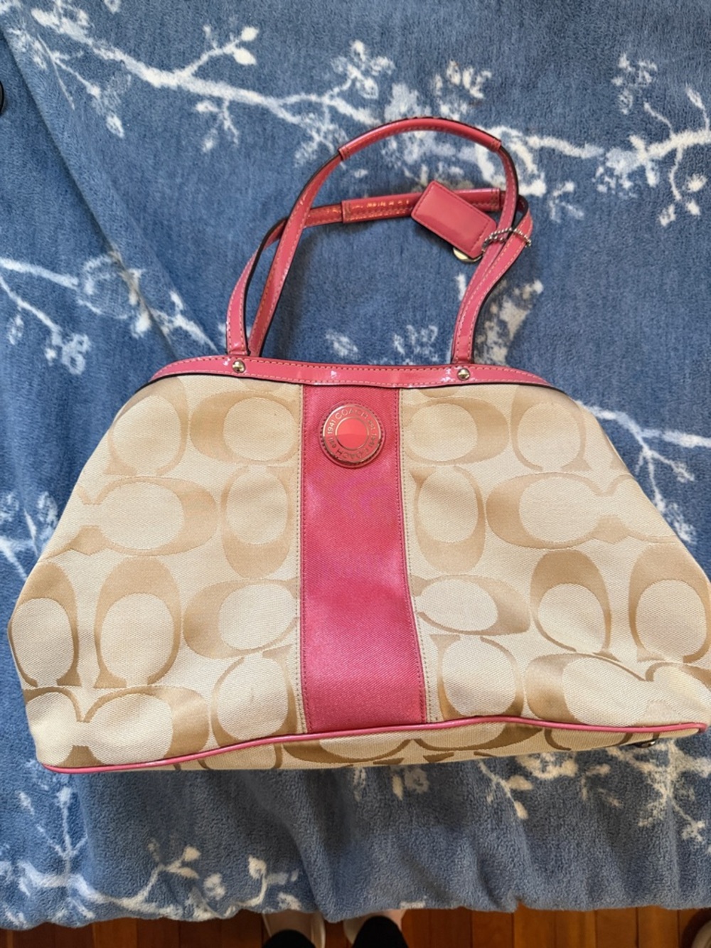 Coach Beige Signature Canvas Shoulder Bag with Pink Trim